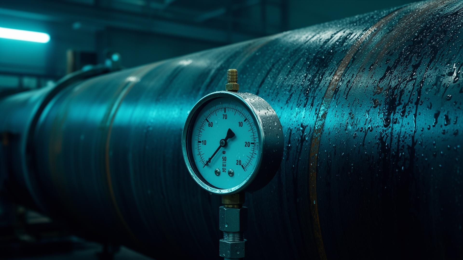Pressure gauge mounted on an industrial pipeline during a hydrostatic test